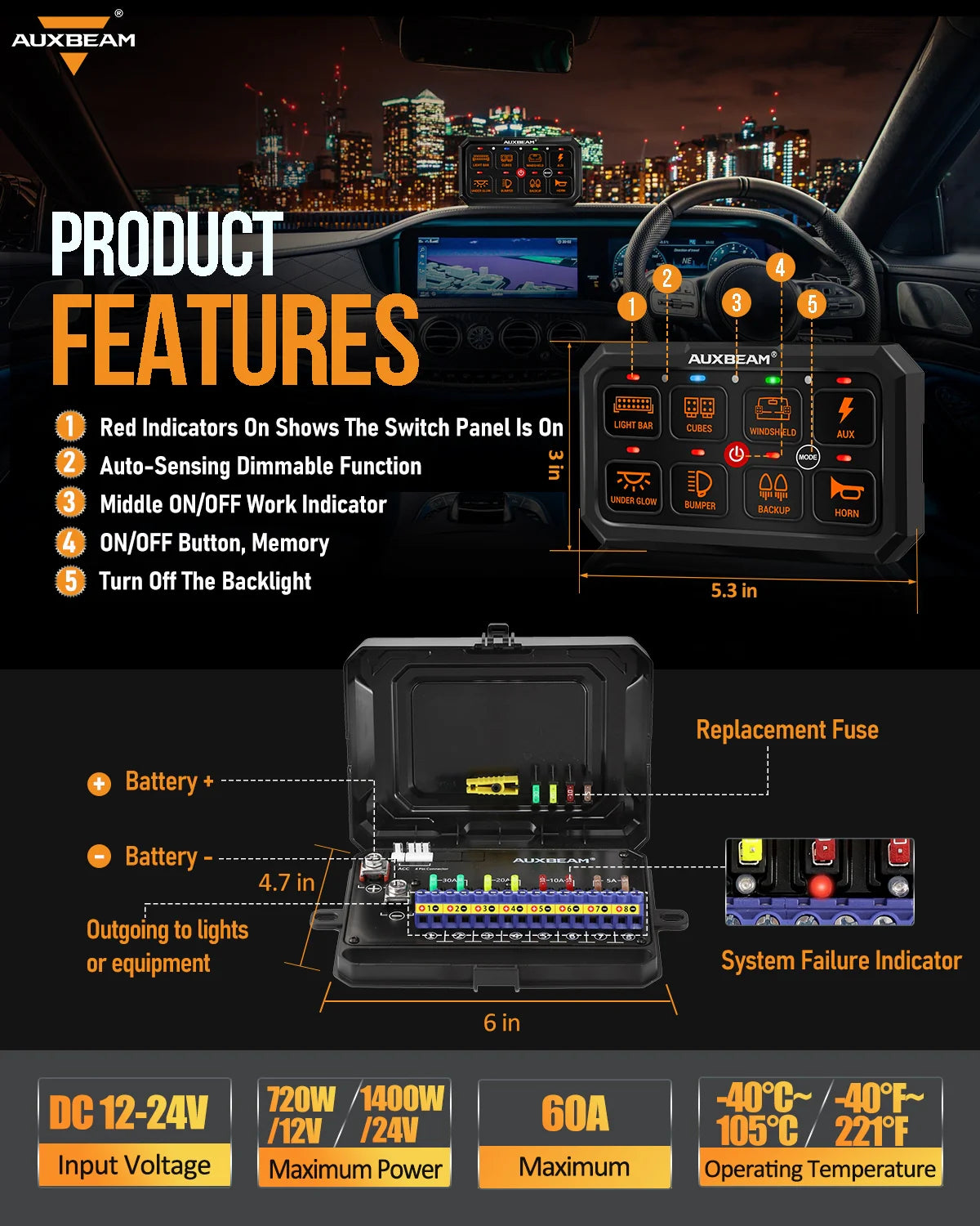 Panel de interruptores de 8 botones, RA80 XL RGB, (tamaño XL), Auxbeam Switch Panel