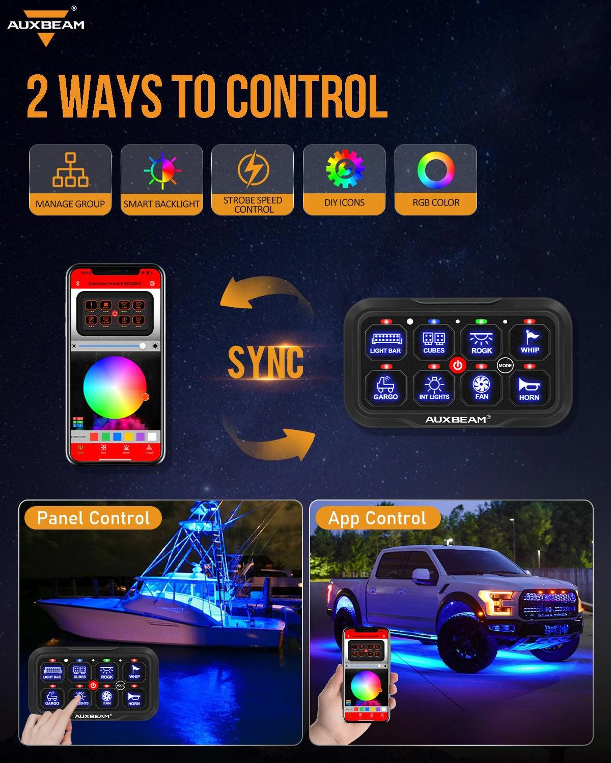 Panel de interruptores de 8 botones AR-800 RGB Auxbeam Switch Panel