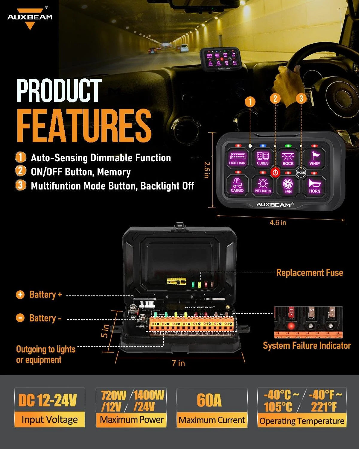 Panel de interruptores de 8 botones AC-800 RGB Auxbeam Switch Panel
