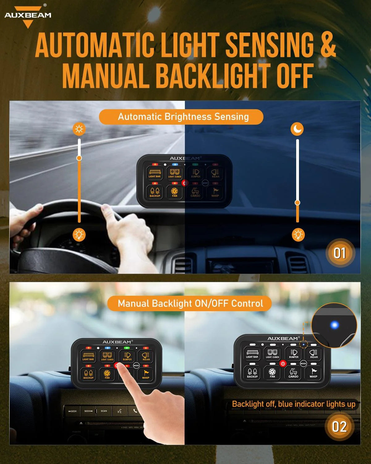 Panel de interruptores de 8 botones RA80 RGB Auxbeam Switch Panel
