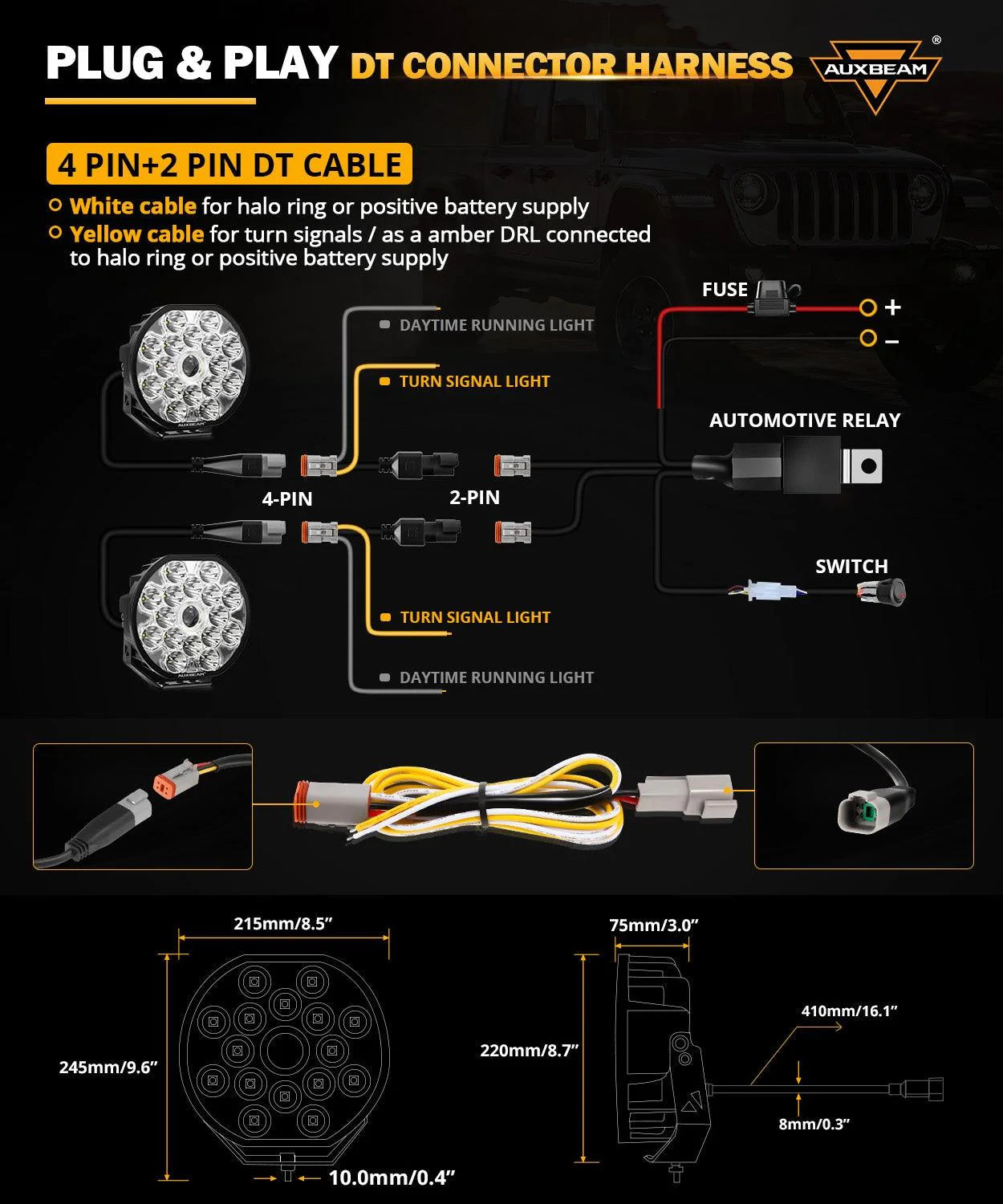 Par de Luces LED Blancas don DRL Ambar 360-PRO de 8.5 pulgadas 220W Auxbeam