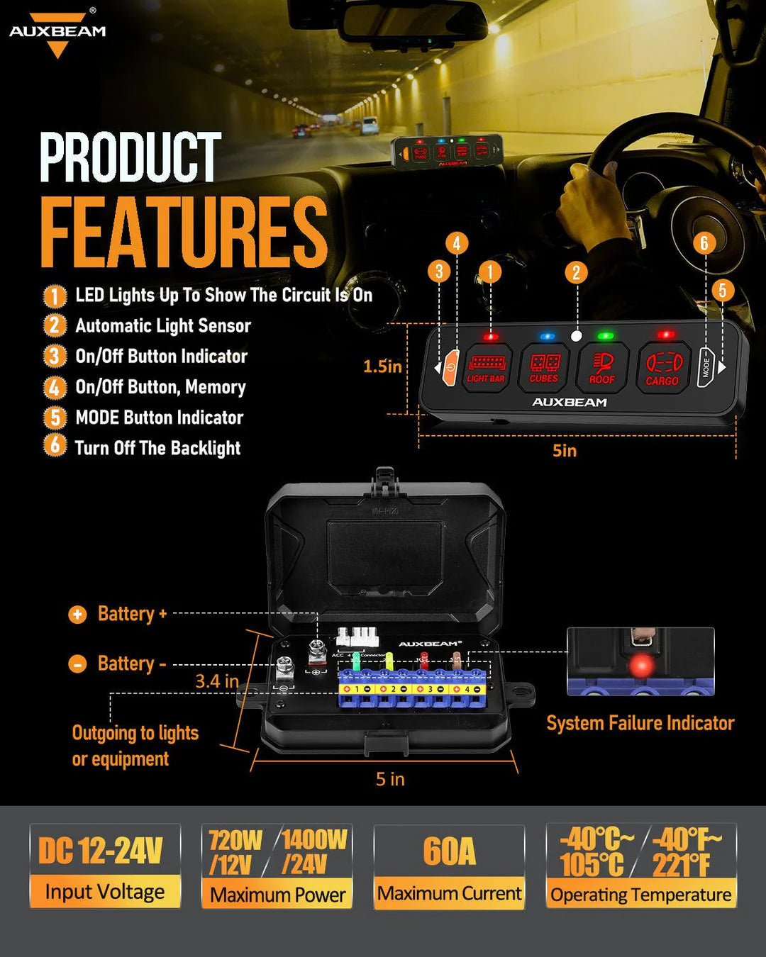 Panel de interruptores de 4 botones (delgado) RGB AS-R40, Auxbeam Switch Panel