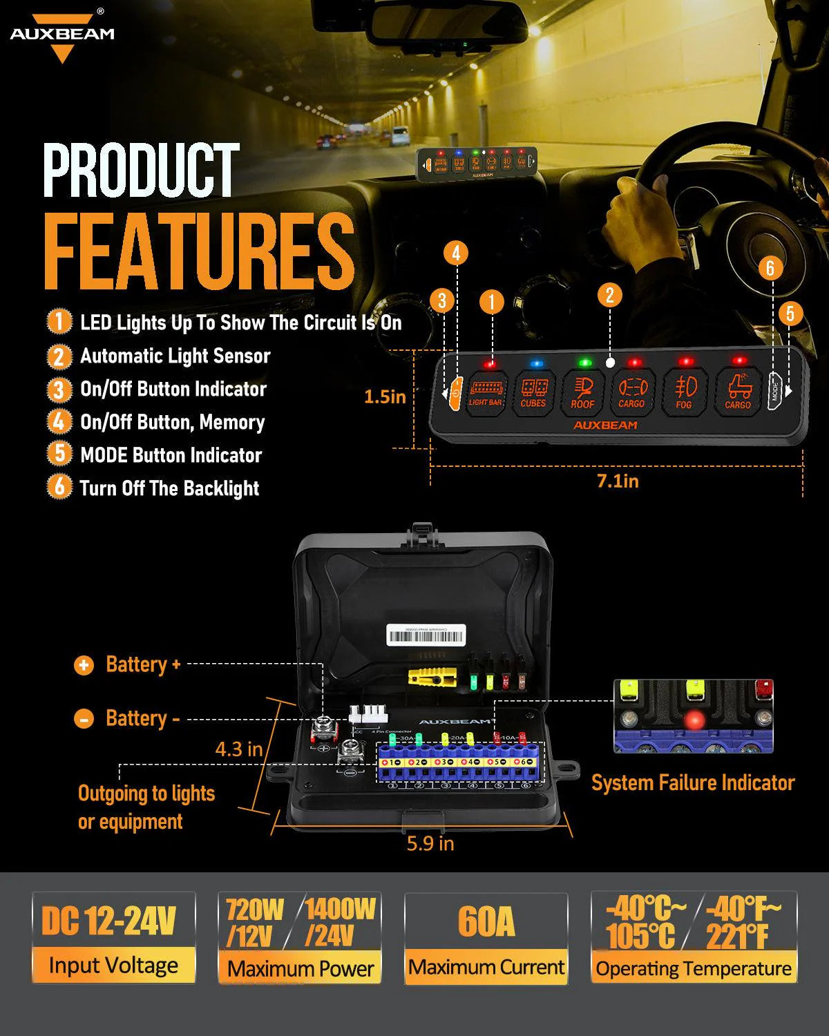 Panel de interruptores de 6 botones (delgado) RGB AS-R60 Auxbeam Switch Panel