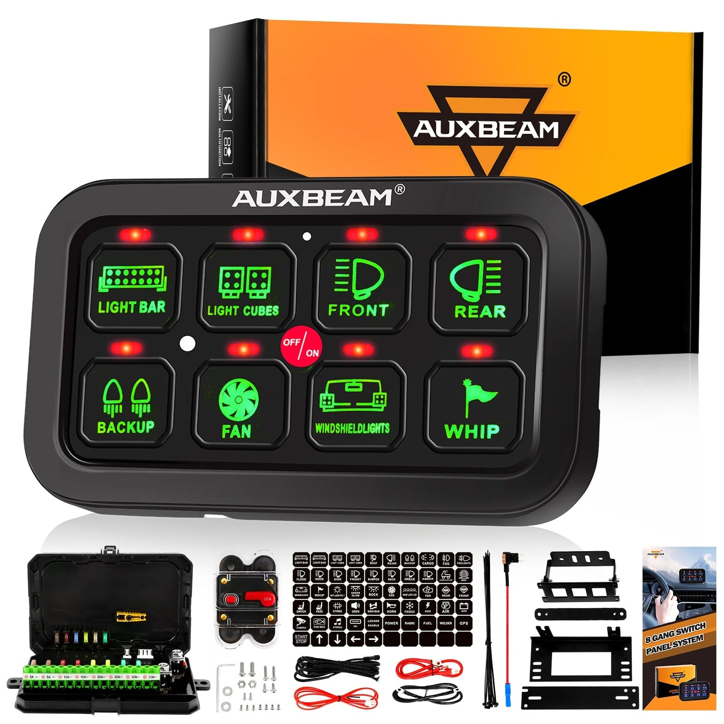 Kit de Panel de interruptores BA80 8 GANG LED Verde de una salida Auxbeam Switch Panel