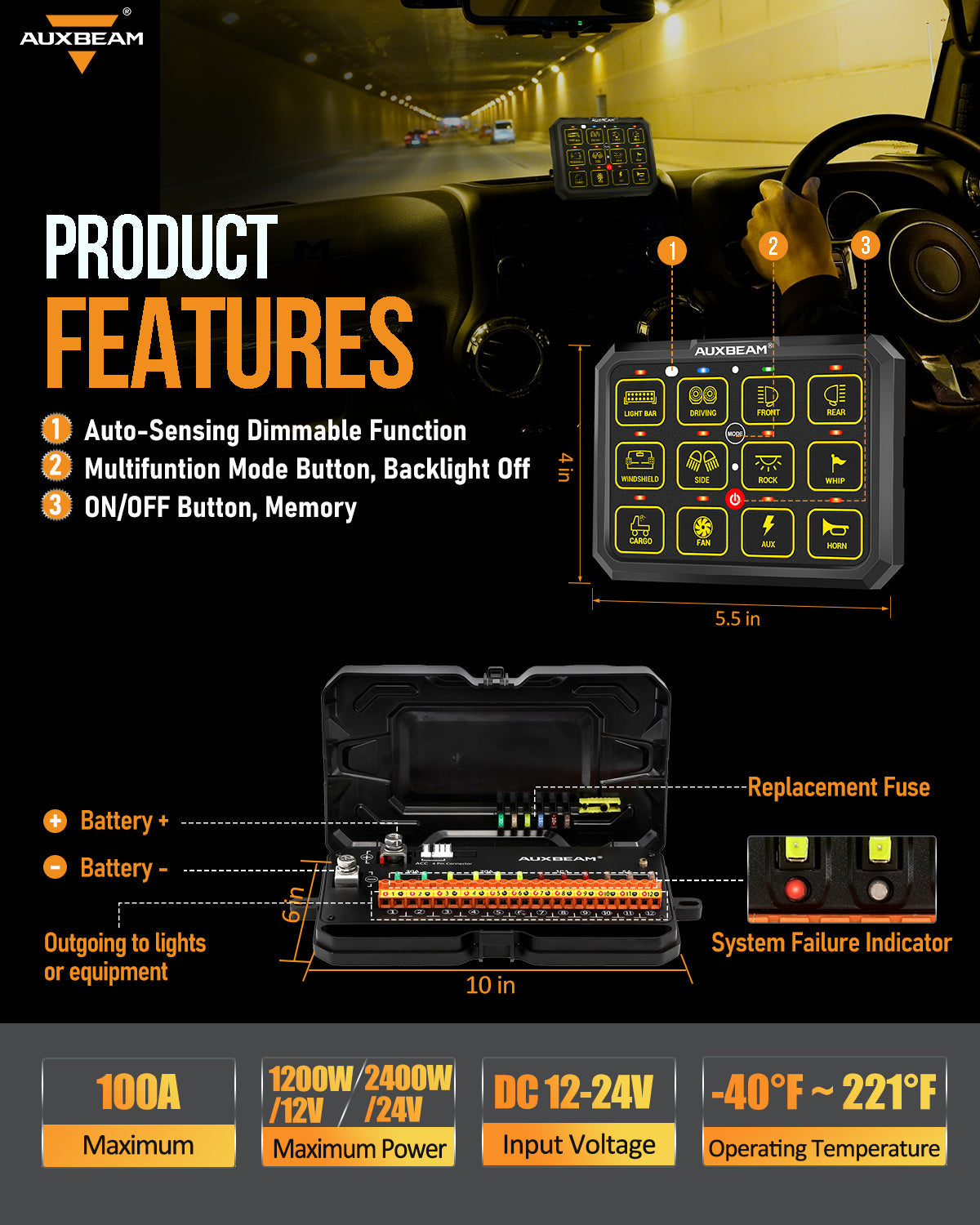 Panel de interruptores AC-1200 RGB con App y Control Remoto Auxbeam Switch Panel