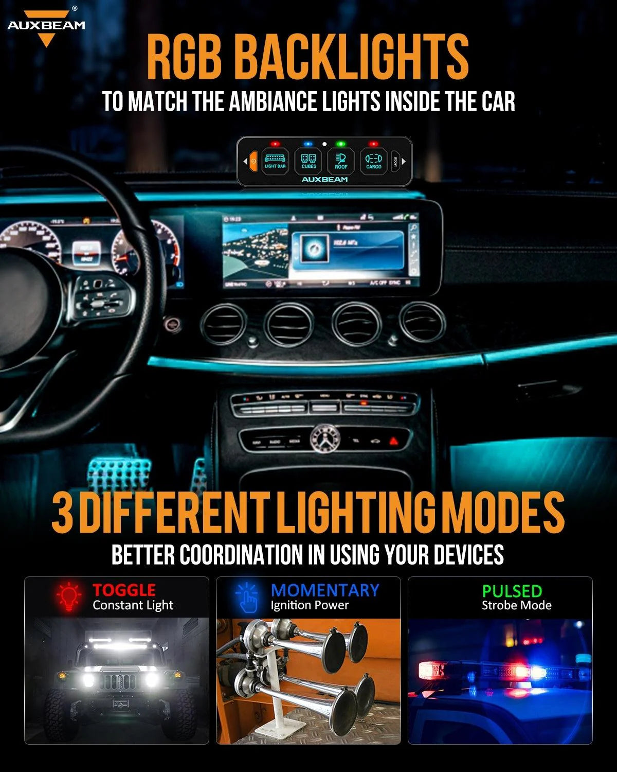 Panel de interruptores de 4 botones (delgado) AS-400 RGB, Auxbeam Switch Panel