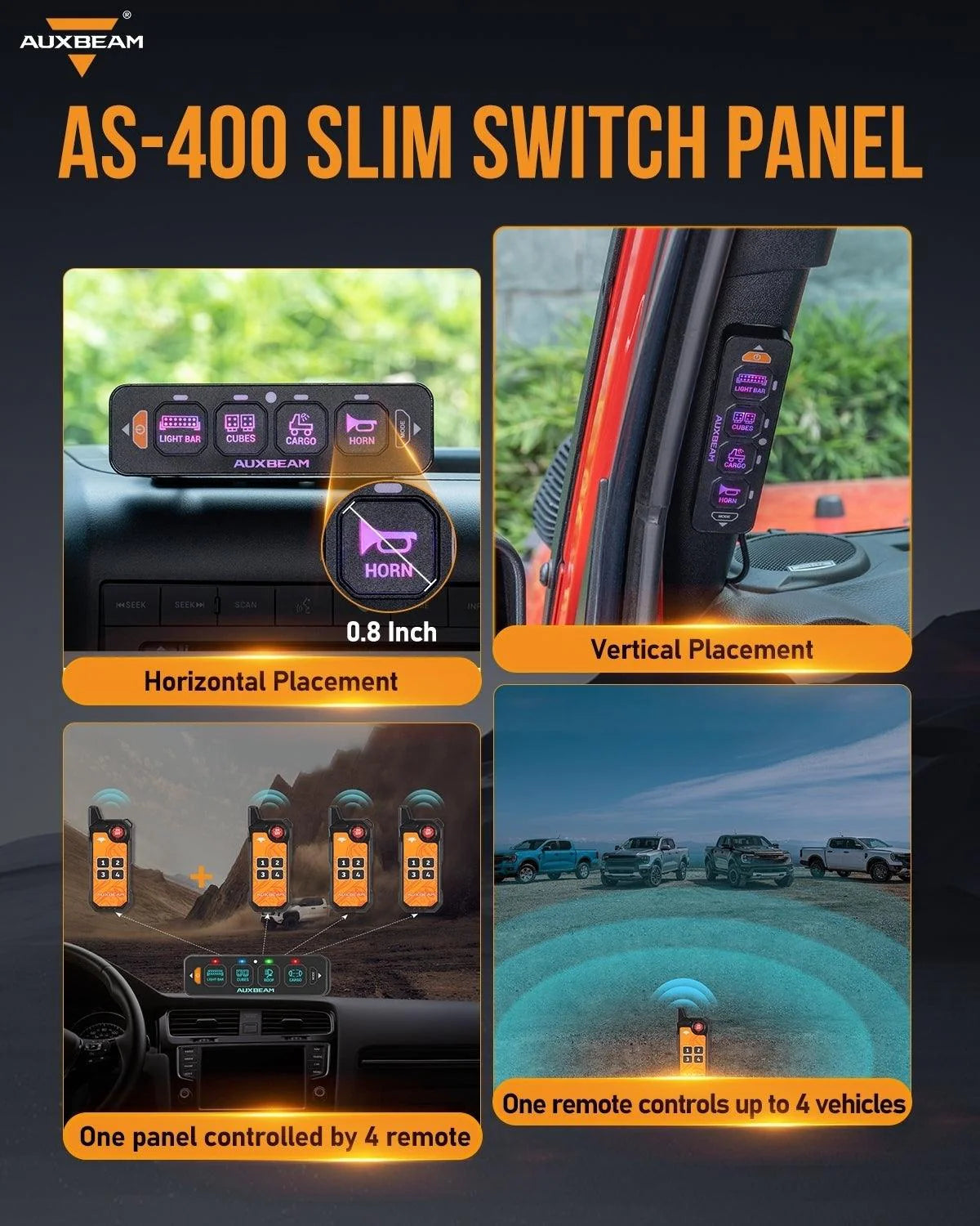 Panel de interruptores de 4 botones (delgado) AS-400 RGB, Auxbeam Switch Panel