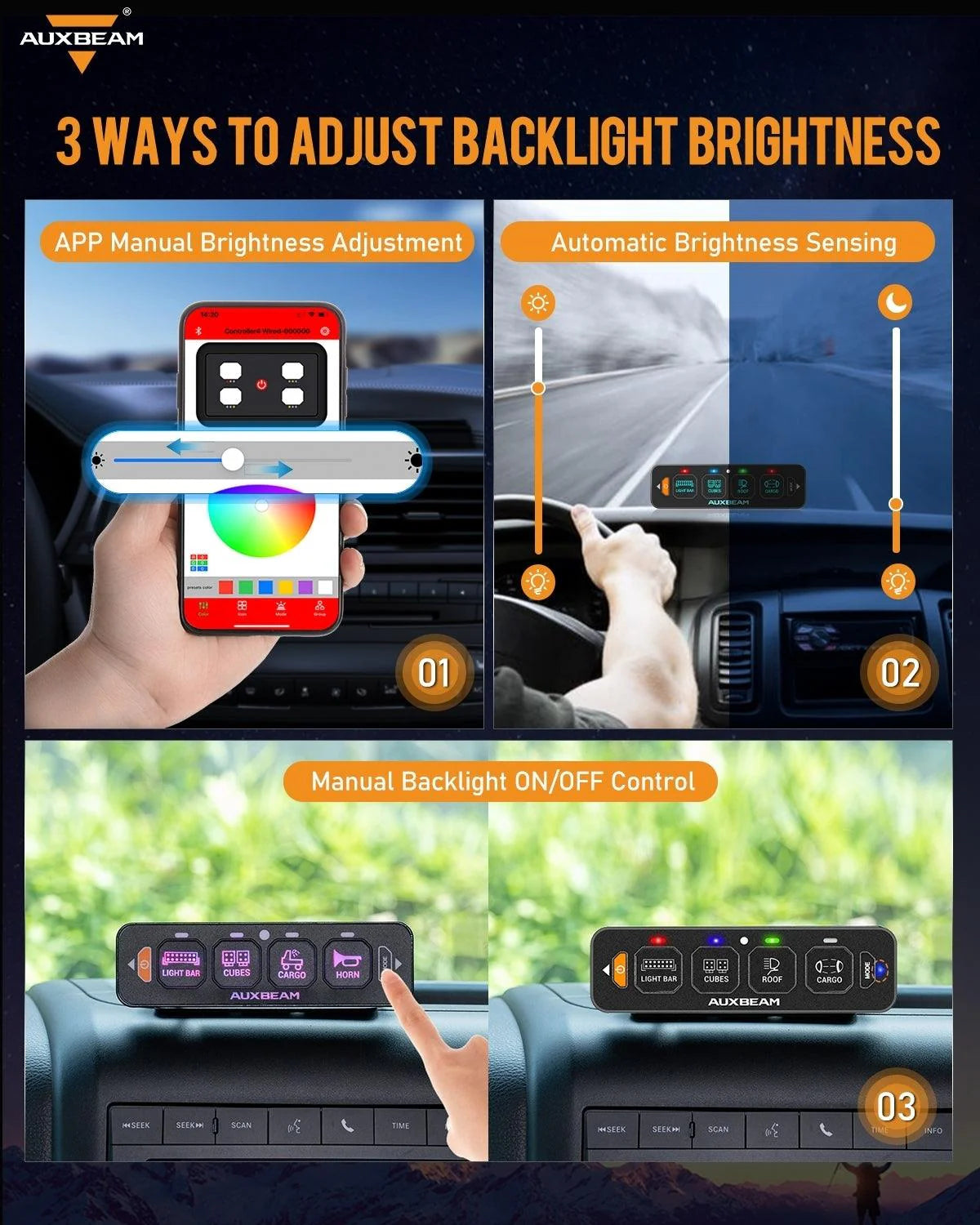 Panel de interruptores de 4 botones (delgado) AS-400 RGB, Auxbeam Switch Panel