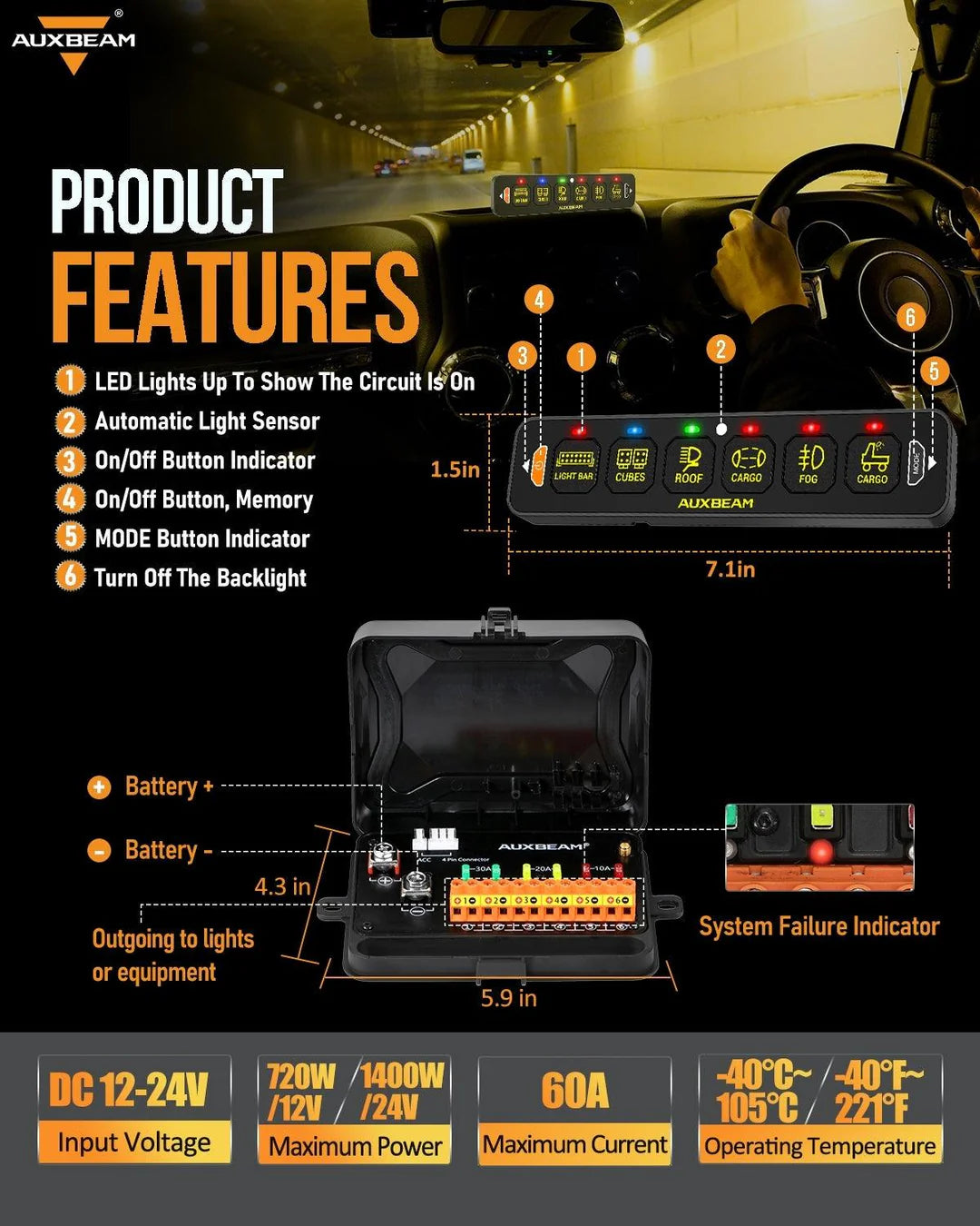 Panel de interruptores de 6 botones (DELGADO) RGB AS-600, Auxbeam Switch Panel