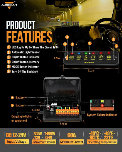 Panel de interruptores de 6 botones (DELGADO) RGB AS-600, Auxbeam Switch Panel
