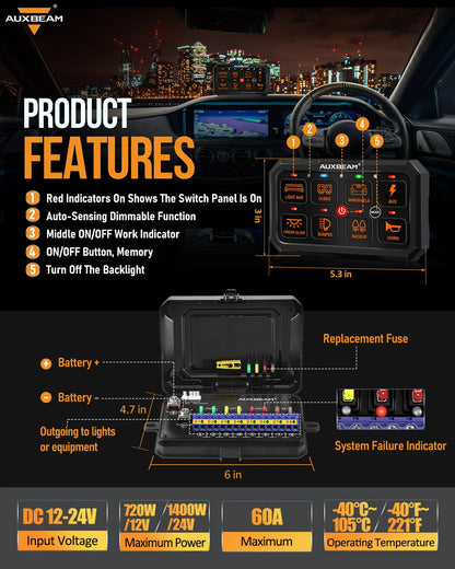 Panel de interruptores de 8 botones, RA80 XL RGB, (tamaño XL), Auxbeam Switch Panel