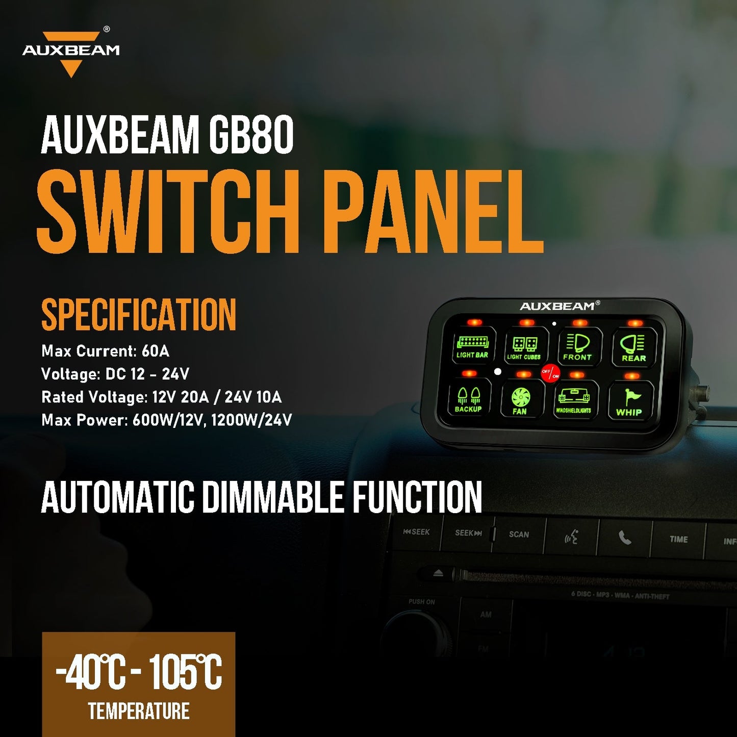 Kit de Panel de interruptores BA80 8 GANG LED Verde de dos salidas Auxbeam Switch Panel
