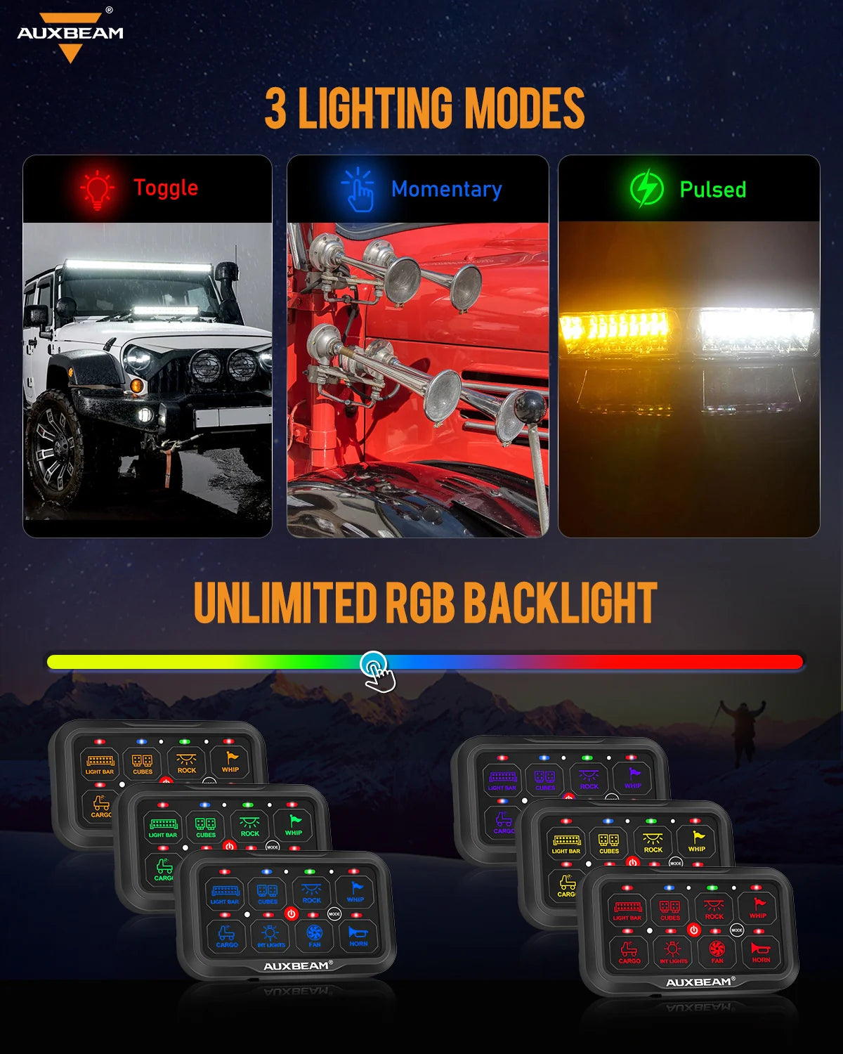 Panel de interruptores de 8 botones AR-820 RGB Auxbeam Switch Panel