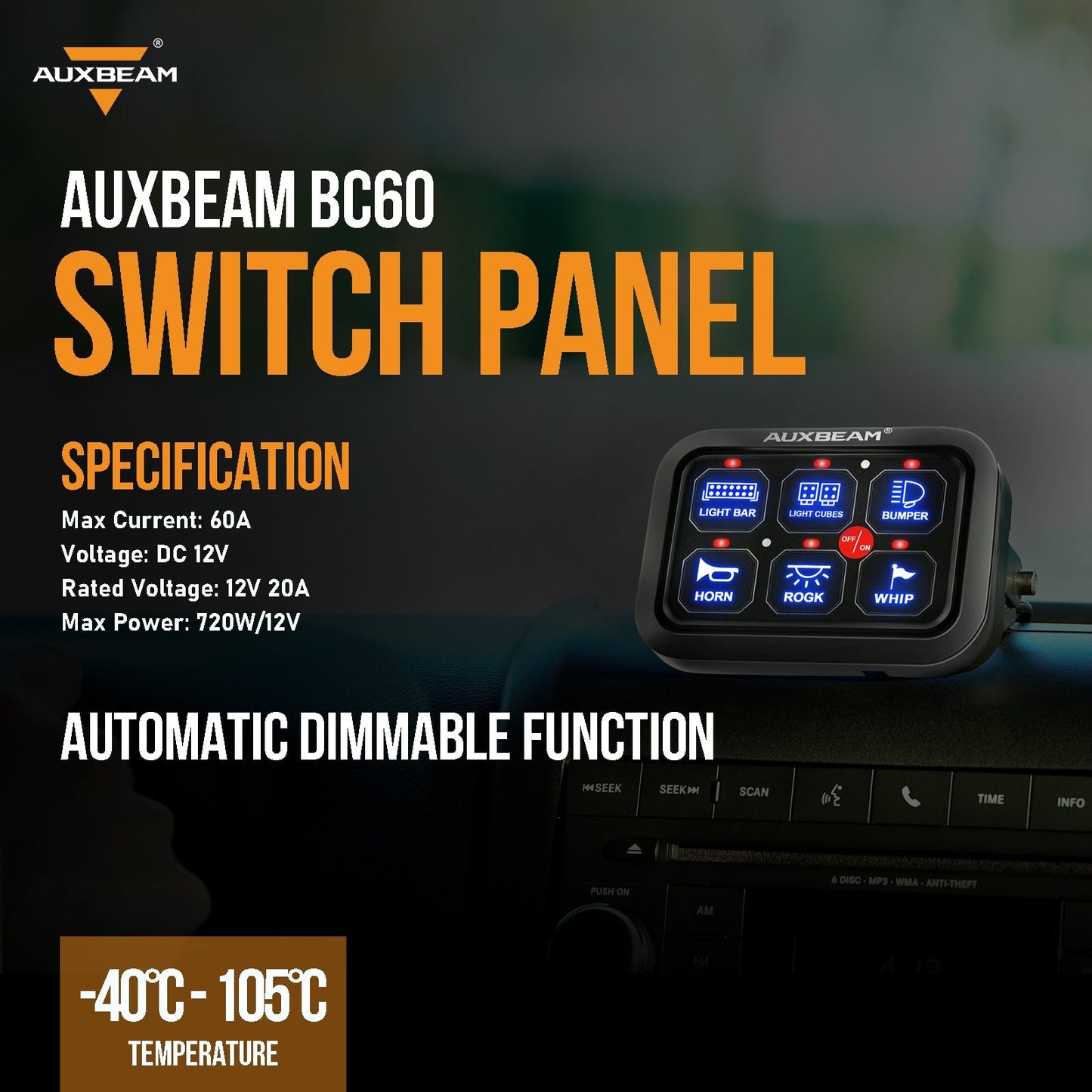 Panel de interruptores BC60 6 GANG LED Azul Auxbeam Switch Panel