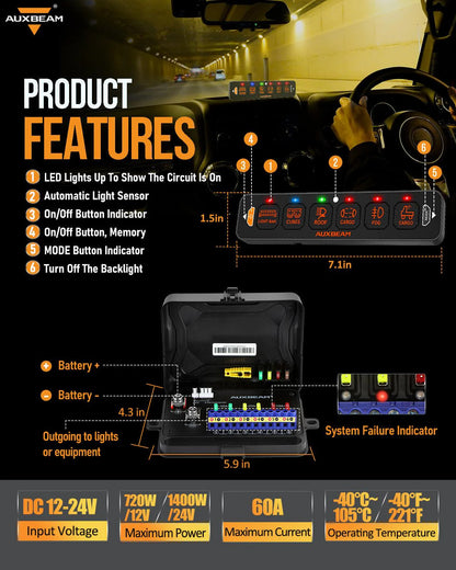Panel de interruptores de 6 botones (delgado) RGB AS-R60 Auxbeam Switch Panel