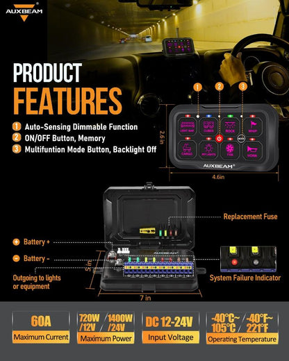 Panel de interruptores de 8 botones AR-800 RGB Auxbeam Switch Panel