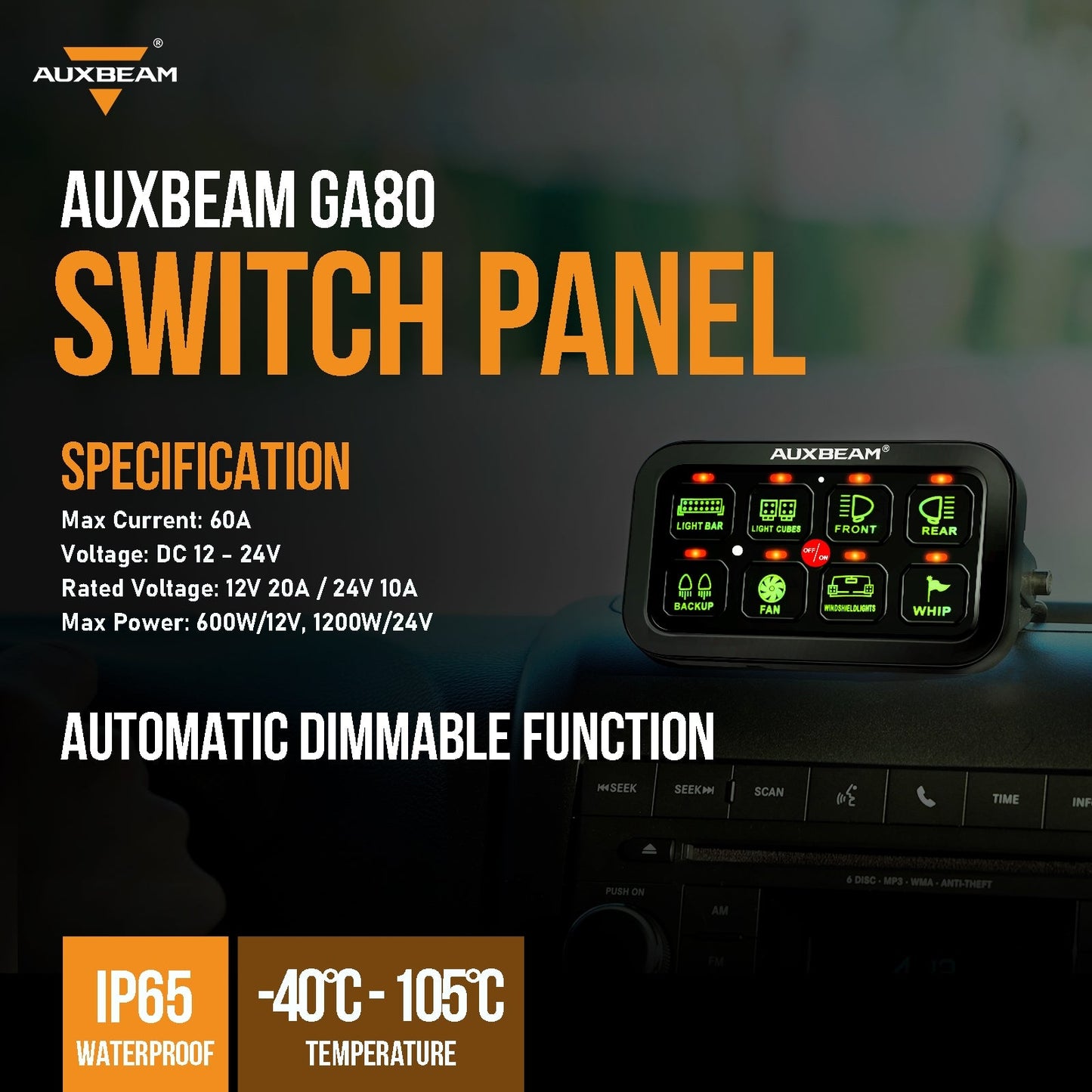 Kit de Panel de interruptores BA80 8 GANG LED Verde de una salida Auxbeam Switch Panel