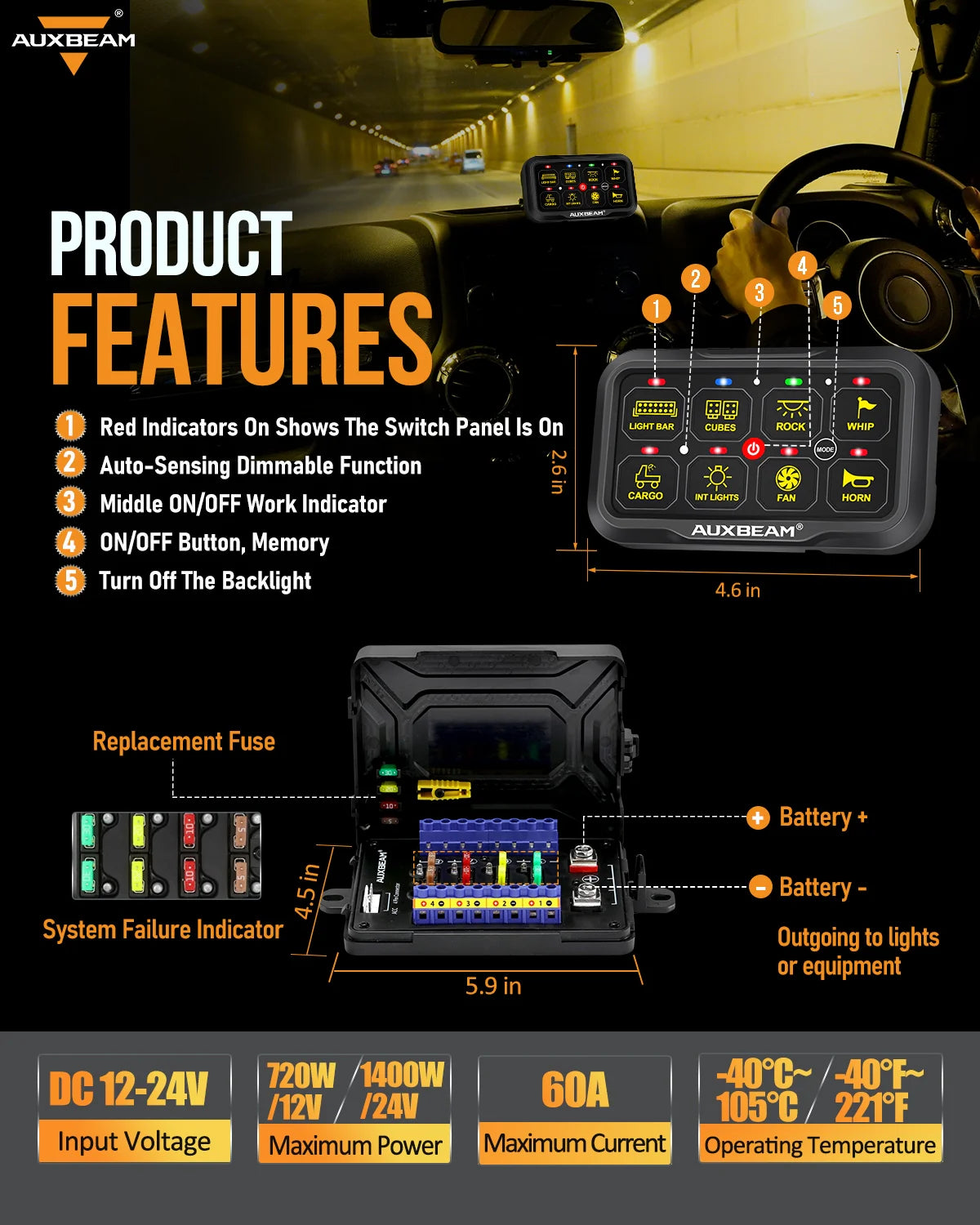 Panel de interruptores de 8 botones AR-820 RGB Auxbeam Switch Panel