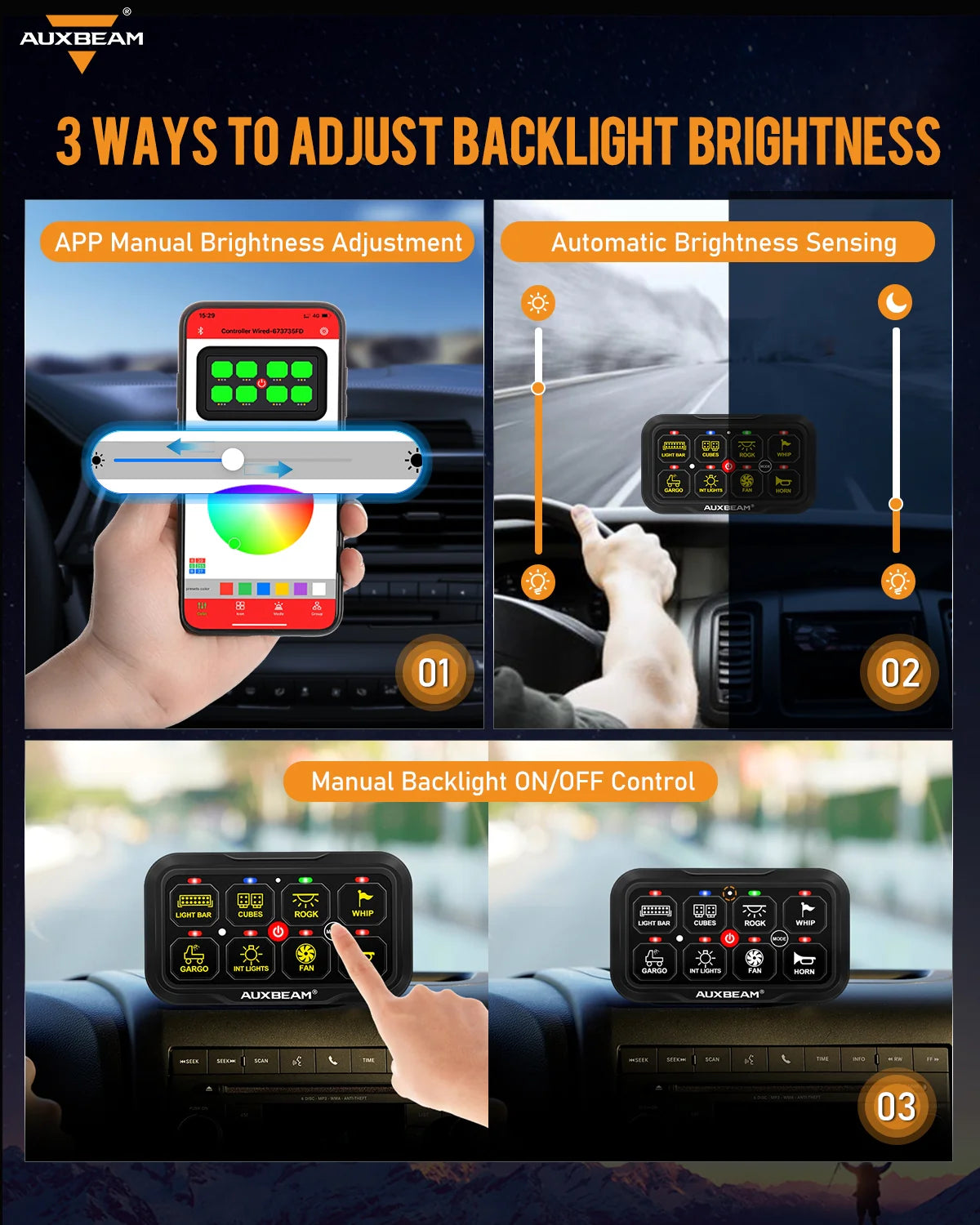 Panel de interruptores de 8 botones AR-820 RGB Auxbeam Switch Panel